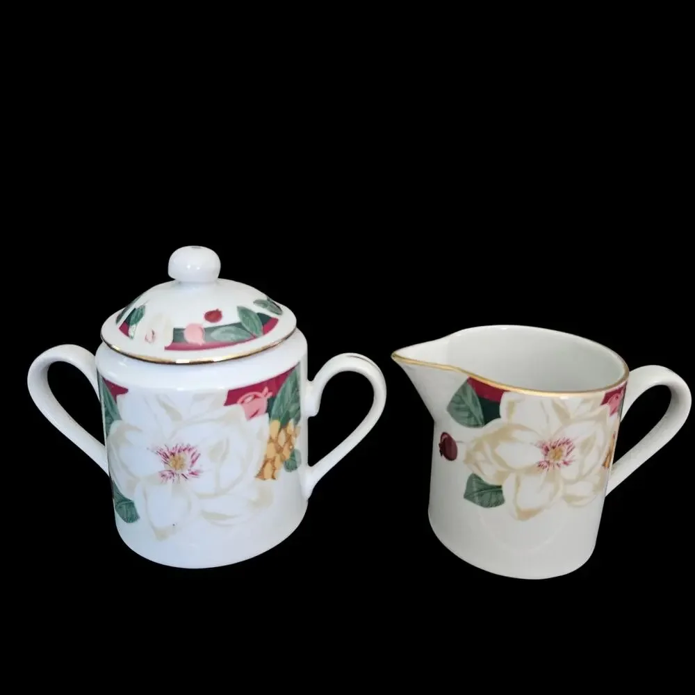Tienshan Fine China Magnolia Creamer & Covered Sugar Bowl Set Floral Gold Trim